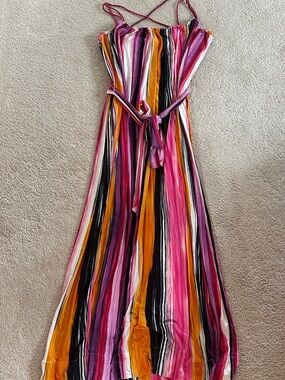 Calvin Klein Pink, Mustard & Black Striped Maxi Dress